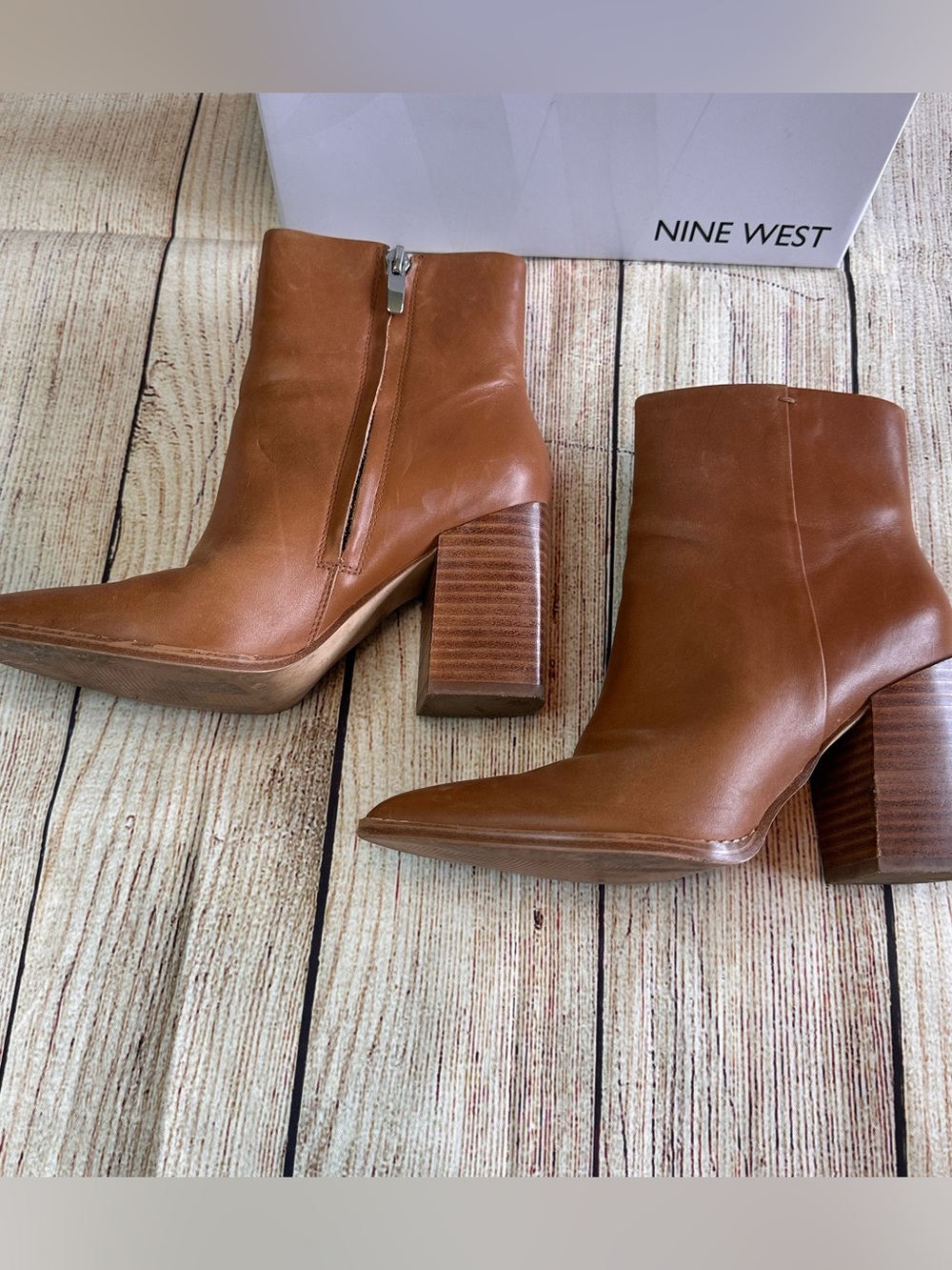 Nine West Bryson Leather Ankle Boots 6.5 Light Natural Western Pointed Toe